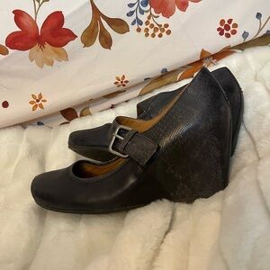 Naya Womens 8.5 Jacinta Black Brown Leather Snakeskin Print Wedge Heels Dressy